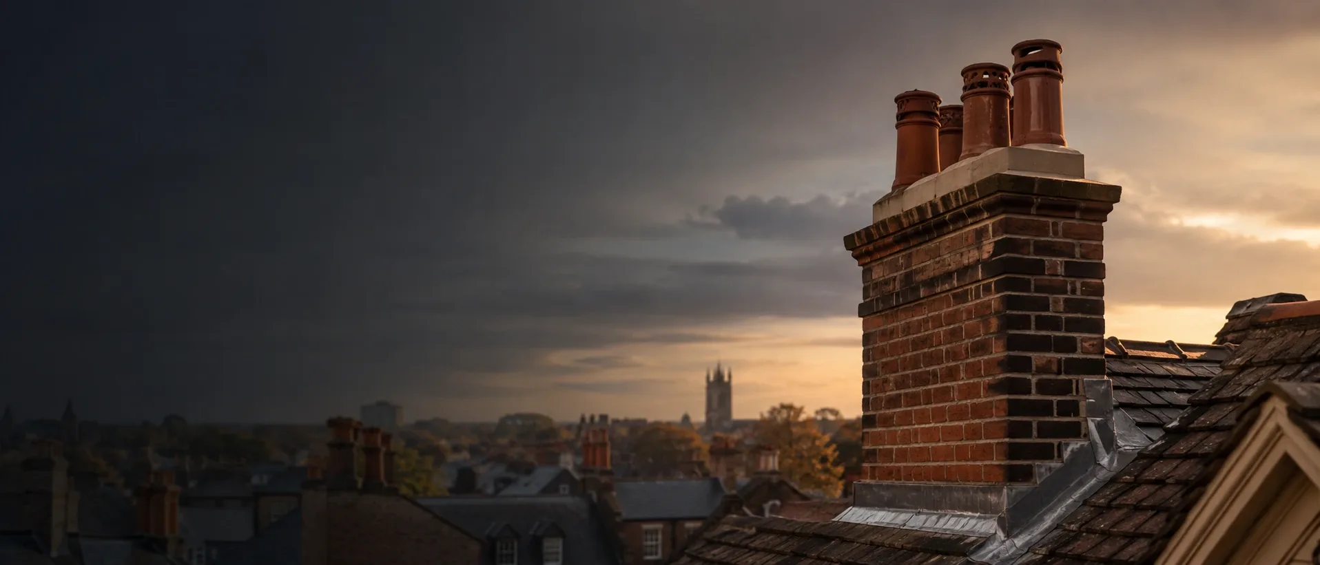 Brick chimney and terracotta pots above rooftops under an evening sky