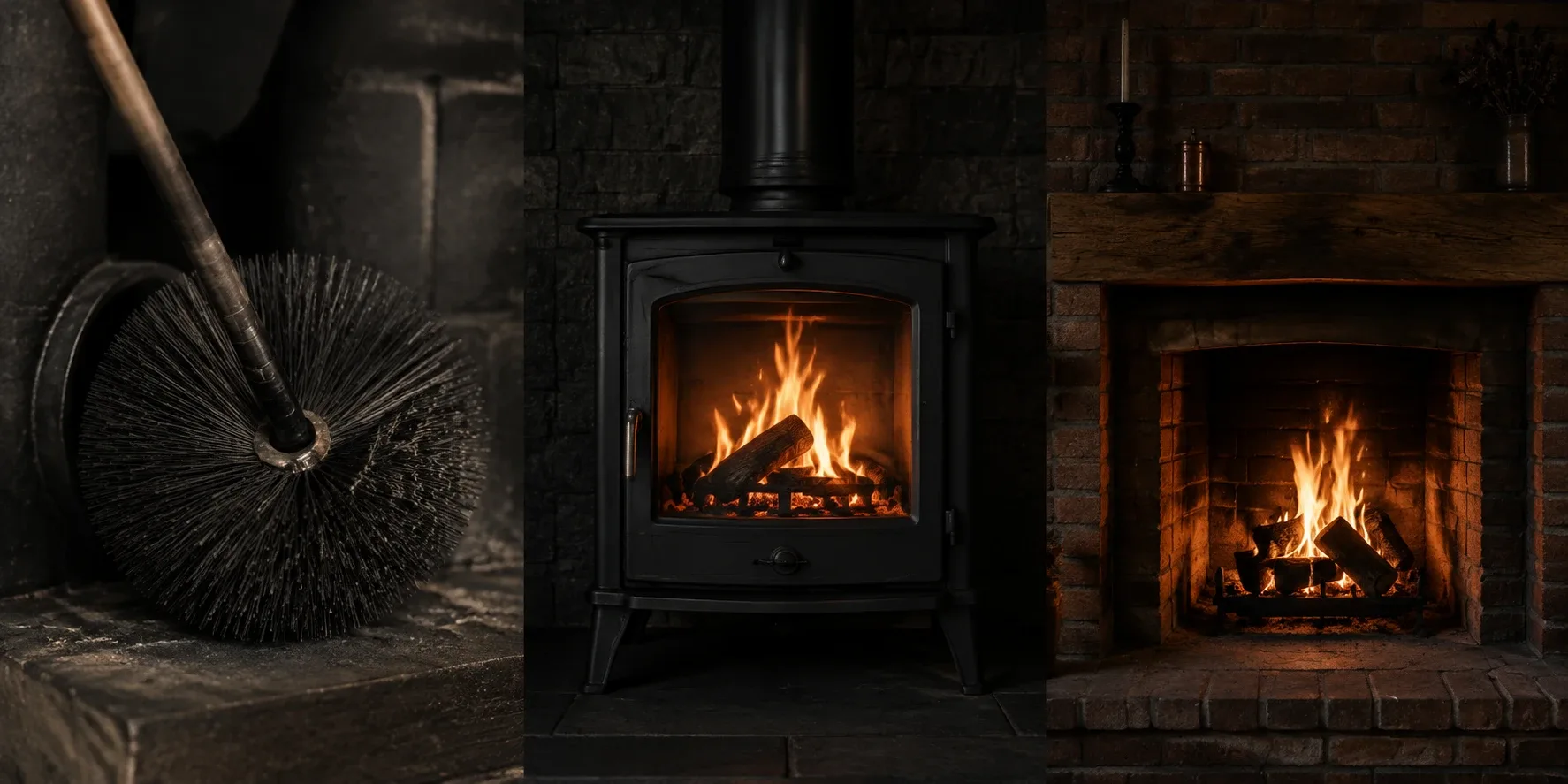 Illustrative close-up of a chimney brush beside a hearth